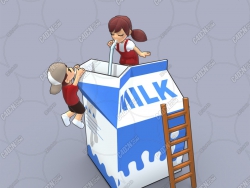 C4D卡通男孩女孩喝牛奶模型